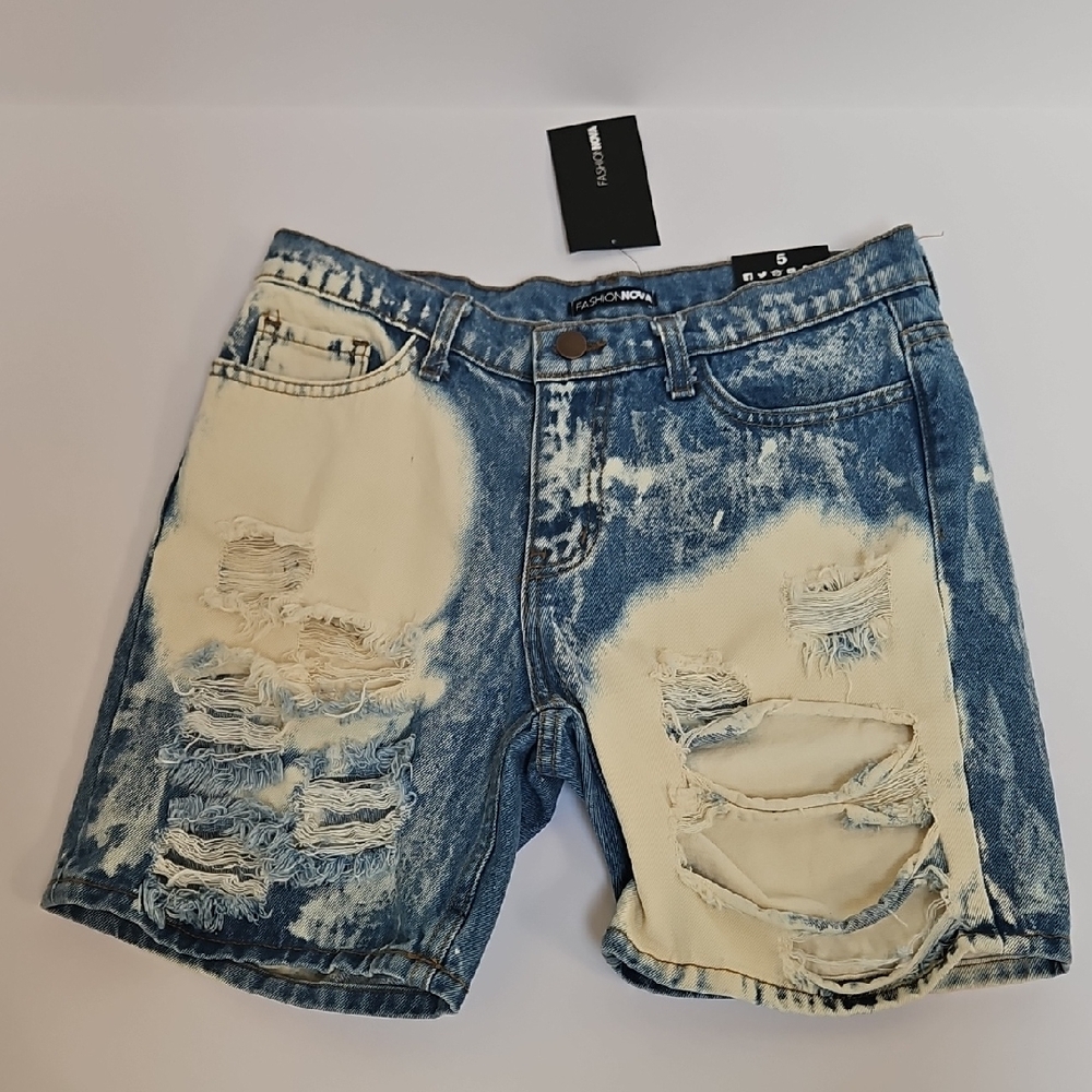 Fashion Nova Distressed Blue Jean Shorts with Frayed Hem